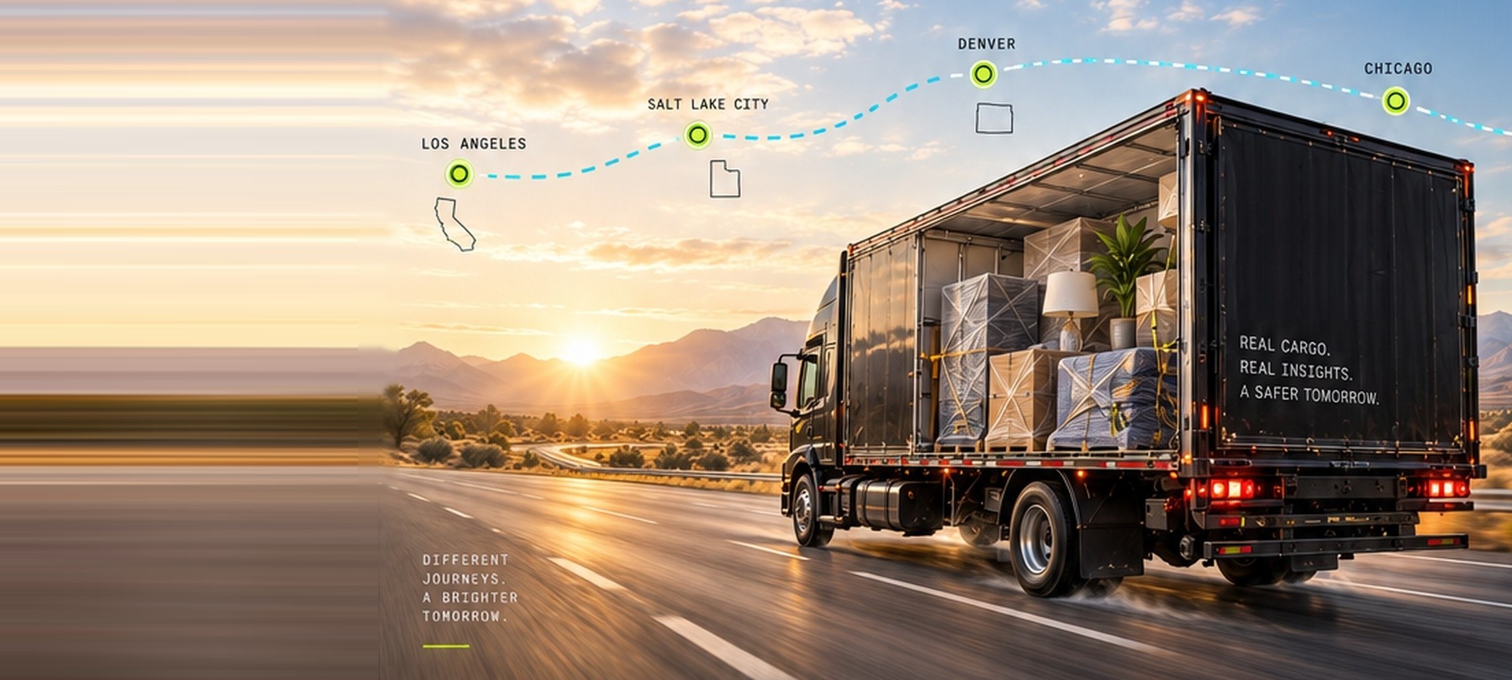 A box truck on the road at sunrise, loaded with wrapped household furniture.